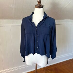 Hollister Navy Blue Cropped Button Up Shirt 3/4 Sleeve Women's‎ S